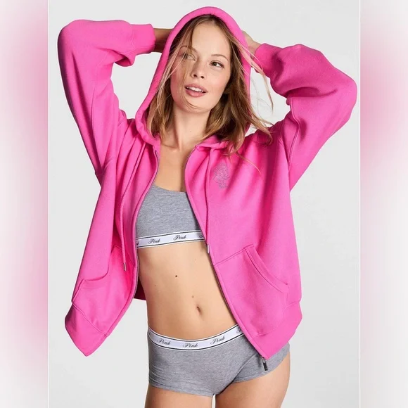 VS PINK LIMITED EDITION IVY FLEECE FULL ZIP HOODIE SLEIGH QUEEN BLING NWT HTF M - Picture 2 of 6